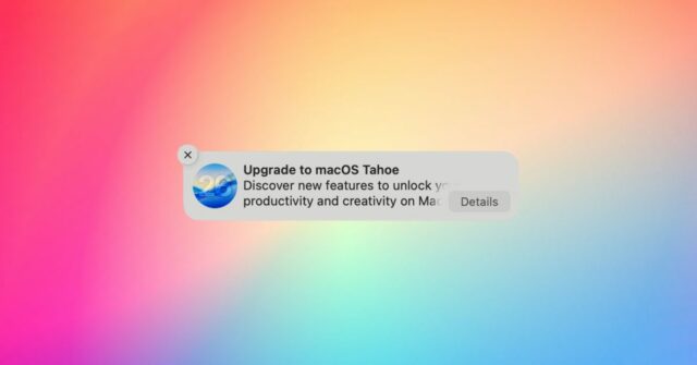 Não sou fã do macOS 26 – veja como bloquear alertas ou fazer downgrade | A imagem mostra uma captura de tela do prompt de atualização em um fundo colorido