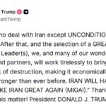 Donald Trump disse que não haveria acordo com o Irão a menos que fosse uma “rendição incondicional”, numa publicação nas redes sociais hoje.