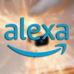O logotipo da Amazon Alexa contra uma imagem desfocada.