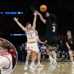 O impulso de Tyler Tanner nos segundos finais falhou durante o jogo Vanderbilt-Nebraska em 21 de março de 2026.