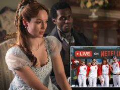 Netflix aumenta os preços de todas as assinaturas novamente – veja quanto Francesca Bridgerton (Hannah Dodd) em um vestido azul claro e John Stirling (Victor Alli) em um terno preto com um jornal.