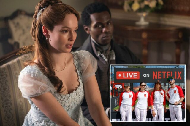 Francesca Bridgerton (Hannah Dodd) em um vestido azul claro e John Stirling (Victor Alli) em um terno preto com um jornal.