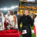 Byron Murphy Jr., nº 7 do Minnesota Vikings, dá uma mordida em um bife ao ser entrevistado por Diana Russini na Netflix após o jogo contra o Detroit Lions no US Bank Stadium em 25 de dezembro de 2025 em Minneapolis, Minnesota.