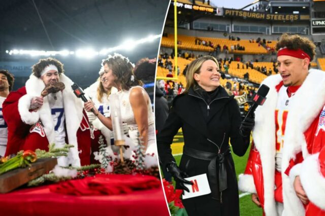 Byron Murphy Jr., nº 7 do Minnesota Vikings, dá uma mordida em um bife ao ser entrevistado por Diana Russini na Netflix após o jogo contra o Detroit Lions no US Bank Stadium em 25 de dezembro de 2025 em Minneapolis, Minnesota. 