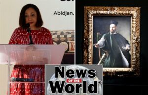 News of the World: O que você perdeu esta semana internacionalmente A ministra da Cultura da Costa do Marfim, Françoise Remarck, discursa em um pódio em frente a uma grande exposição com o tambor falante Djidji Ayokwe.