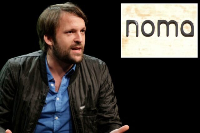 René Redzepi, chef e dono do Noma, vestindo camisa azul e avental marrom.