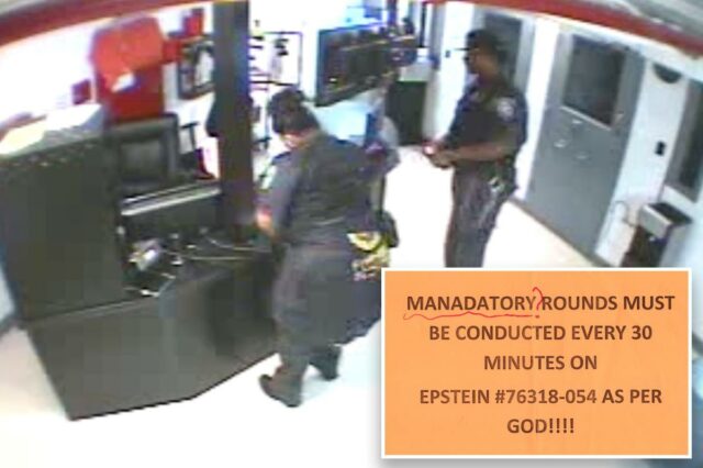 Novo vídeo mostra guardas circulando com Epstein a apenas alguns metros de distância em sua cela – em vez de realizar rondas obrigatórias
