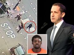 Novo vídeo mostra o segurança do prefeito de SF lançando um ataque total antes de ser atingido pelo corpo – enquanto o prefeito observava tudo se desenrolar Imagens de CCTV mostram dois homens atacando um policial, destacado por um círculo vermelho, com outras figuras e um carro na rua.