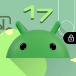Gráfico do Android 17 apresentando o mascote do Android atrás do número 17 segurando uma esfera verde estampada.