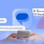 Homem sentado com um telefone ao lado de um grande logotipo do Mensagens do Google, cercado por ícones para agendamento, fixação e balões de bate-papo