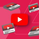 Vários logotipos 3D do YouTube flutuando sobre um fundo rosa e vermelho