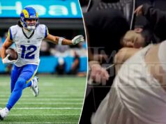 O acusador de Puka Nacua twerk perto da estrela adormecida dos Rams em uma reviravolta dramática Três jogadores do Los Angeles Rams, incluindo o número 17, sorriem em campo com suas camisetas brancas e capacetes azuis.