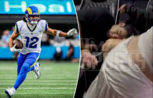 O acusador de Puka Nacua twerk perto da estrela adormecida dos Rams em uma reviravolta dramática Três jogadores do Los Angeles Rams, incluindo o número 17, sorriem em campo com suas camisetas brancas e capacetes azuis.