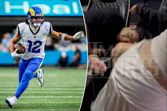 O acusador de Puka Nacua twerk perto da estrela adormecida Três jogadores do Los Angeles Rams, incluindo o número 17, sorriem em campo com suas camisetas brancas e capacetes azuis.