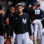 Yankees pitcher Elmer Rodriguez watches from the dugout.