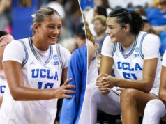 O basquete feminino da UCLA parece continuar em alta contra o estado de Oklahoma Gianna Kneepkens, Lauren Betts e Kiki Rice reagindo do banco durante um jogo de basquete.