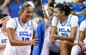 O basquete feminino da UCLA parece continuar em alta contra o estado de Oklahoma Gianna Kneepkens, Lauren Betts e Kiki Rice reagindo do banco durante um jogo de basquete.