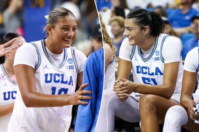 Gianna Kneepkens, Lauren Betts e Kiki Rice reagindo do banco durante um jogo de basquete.