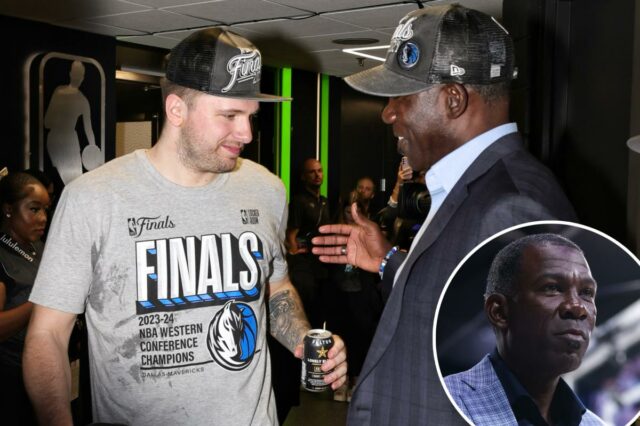 Luka Doncic e Michael Finley compartilham um momento após os Mavericks vencerem as finais da Conferência Oeste.