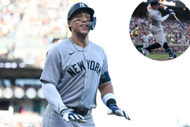 O foco singular de Aaron Judge é claro – e Aaron Judge está todo sorrisos depois de fazer um home run solo no quinto turno da vitória dos Yankees por 3 a 1 sobre os Giants no Oracle Park em 28 de março de 2026 em San Francisco.