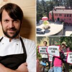 Chef Rene Redzepi, vestindo casaco de chef branco e avental marrom, segurando um cutelo.