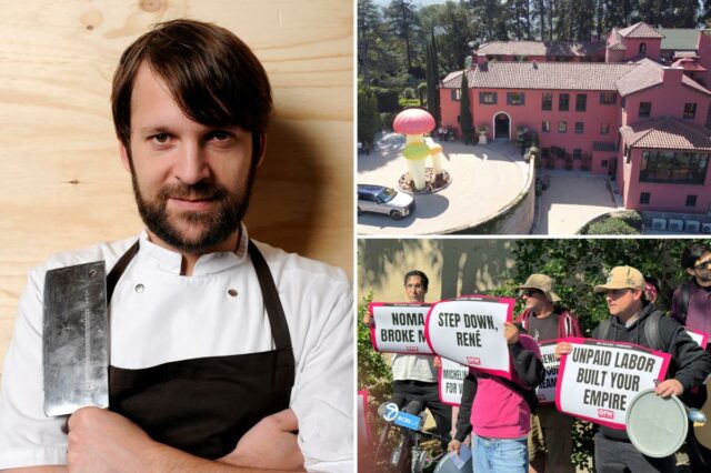 Chef Rene Redzepi, vestindo casaco de chef branco e avental marrom, segurando um cutelo.