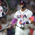 Aaron Judge faz um home run durante o jogo EUA-México em 9 de março de 2026.