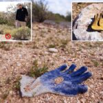 Uma luva azul e branca descartada está no solo rochoso no sopé de Catalina, perto de Tucson, Arizona.