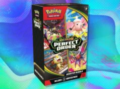 O pacote Pokémon TCG Perfect Order Booster está próximo do preço de mercado no Walmart – compre agora por US$ 42,99 O Pokémon TCG: Mega Evolution - Pacote Perfect Order Booster em um fundo branco