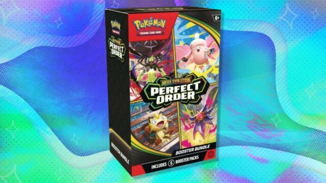 O Pokémon TCG: Mega Evolution - Pacote Perfect Order Booster em um fundo branco