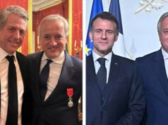 O presidente francês Emmanuel Macron concede Legião de Honra ao empresário de mídia Dominique Delport em cerimônia com a presença de Hugh Grant e George Osborne O presidente francês Emmanuel Macron concede Legião de Honra ao empresário de mídia Dominique Delport em cerimônia com a presença de Hugh Grant e George Osborne