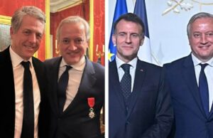 O presidente francês Emmanuel Macron concede Legião de Honra ao empresário de mídia Dominique Delport em cerimônia com a presença de Hugh Grant e George Osborne O presidente francês Emmanuel Macron concede Legião de Honra ao empresário de mídia Dominique Delport em cerimônia com a presença de Hugh Grant e George Osborne