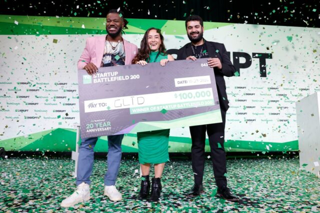 Kevin A. Damoa, Founder & CEO, Glīd, Claire Kroft and Ankit Malhotra, winners of the Startup Battlefield 2025, pose onstage during day three of TechCrunch Disrupt 2025 at Moscone Center on October 29, 2025 in San Francisco, California.