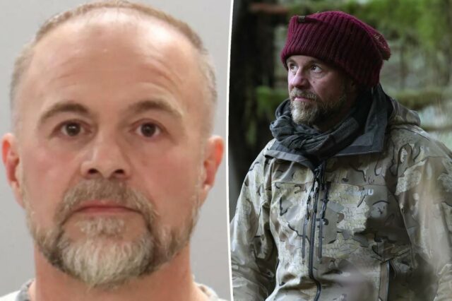 O vencedor de 'Outlast', Paul Preece Jr., é preso e Paul Preece do Outlast com um gorro vermelho e jaqueta camuflada em uma floresta.