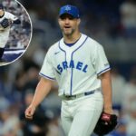 O arremessador israelense Tommy Kahnle (43) olha para o apanhador CJ Stubbs (não na foto) após o jogo contra a Nicarágua no LompDepot Park.