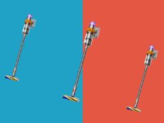 Obtenha o aspirador Dyson viral com 43% de desconto com esta opção recondicionada Cabeça do aspirador Dyson com um laser verde destacando poeira em um piso escuro.