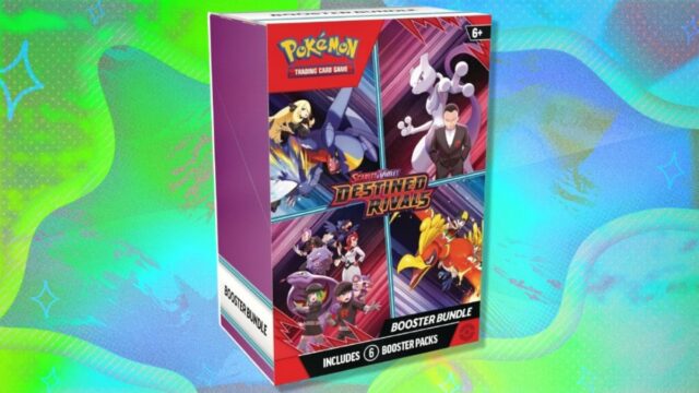 Obtenha o pacote Pokémon TCG Destined Rivals Booster abaixo do O Pokémon TCG: Scarlet & Violet - Destined Rivals Booster Bundle em um fundo branco