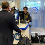 Um agente do ICE escaneando uma identidade no Terminal B do Aeroporto LaGuardia.