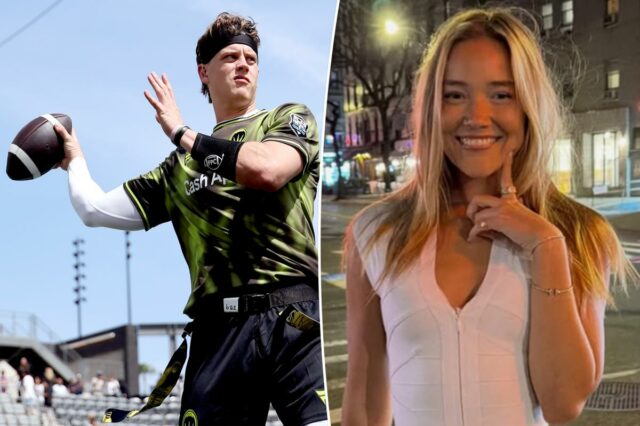 Joe Burrow se aquece durante o Fanatics Flag Football Classic.