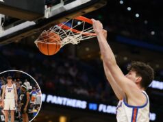 Olivier Rioux, o fenômeno de 2,10 metros da Flórida, faz história no March Madness O pivô do Florida Gators, Olivier Rioux (32), enterrou a bola no segundo tempo.