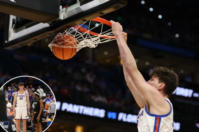 O pivô do Florida Gators, Olivier Rioux (32), enterrou a bola no segundo tempo.