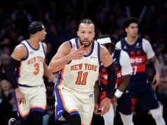 Os Knicks derrotam os Wizards de tanto rir que eles precisavam quando a sequência de vitórias chega a seis Jalen Brunson, do New York Knicks, reage após arremesso de três pontos.