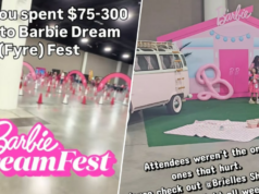 Os Superfãs da Barbie estão chamando este evento de 3 dias de New Fyre Fest: ‘It Was Rough’ Escritório com tema da Barbie de Mary Anne Trotter. Ela esperava coletar mercadorias.