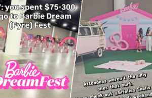 Os Superfãs da Barbie estão chamando este evento de 3 dias de New Fyre Fest: ‘It Was Rough’ Escritório com tema da Barbie de Mary Anne Trotter. Ela esperava coletar mercadorias.