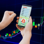 Os americanos veem os mercados de previsão esportiva à medida que a pesquisa sobre jogos de azar revela uma preocupação crescente. Aplicativo de apostas esportivas em smartphone com fundo gráfico crescente do mercado de ações, ilustrando mercados de previsão, jogos de azar on-line e conceitos de risco de negociação financeira