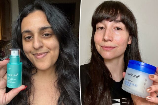 Um recipiente branco de Medicube Zero Pore Pad com tampa azul, contendo 70 compressas (155g / 5,46 onças), com ingredientes listados AHA, BHA, Pantenol, Alantoína e Hialuronato de Sódio.