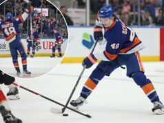 Os ilhéus usam o período de cinco gols para eliminar o déficit inicial e obter uma vitória importante sobre os Panteras na corrida dos playoffs O defensor do New York Islanders, Matthew Schaefer (48), segura o disco durante o primeiro período de um jogo contra o Florida Panthers.