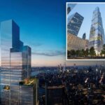 Ilustração da nova sede global da American Express na cidade de Nova York com vista para o horizonte de Manhattan ao anoitecer.