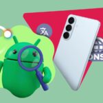 Mascote 3D do Android cercado por ícones de produtividade, como alvo e relógio.