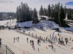 Outra estação de esqui fecha mais cedo porque a onda de calor causa caos nos esportes de inverno da Califórnia Uma movimentada estação de esqui com pessoas esquiando e praticando snowboard em um dia ensolarado.